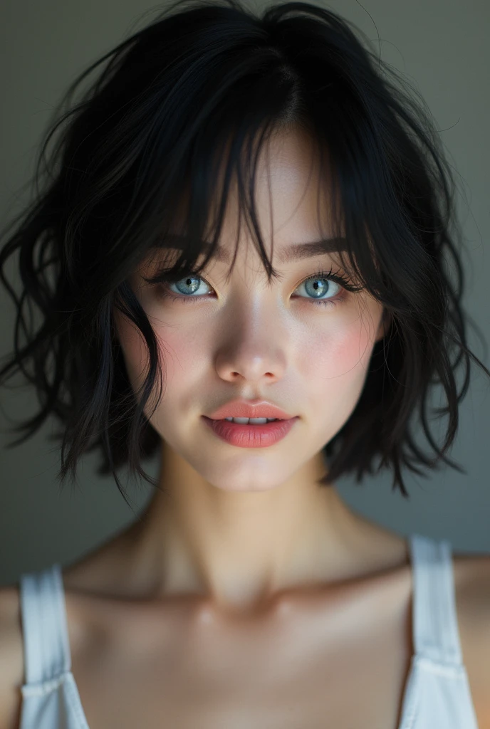 Best Quality: 1.0), (super high resolution: 1.0) tall model, black hair, White skin, real short hair, blue eyes 1.5, Photo taken from the front in 4k quality, with uncovered face, realist