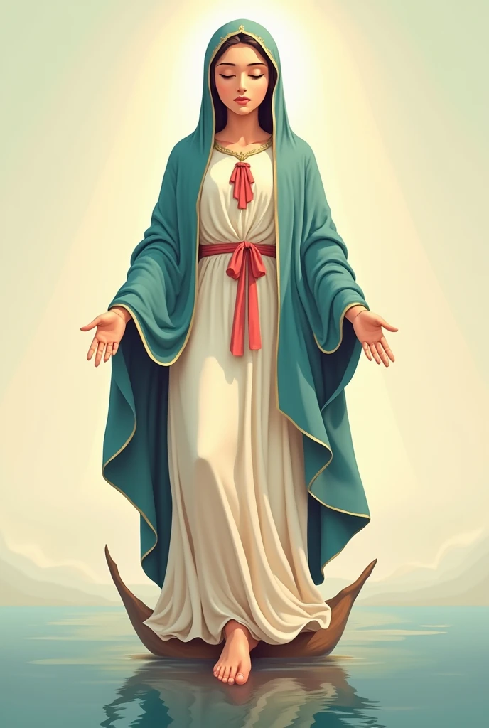 Full body adult Virgin of Guadalupe showing closed eyes on her face , looking straight ahead in 2D anime style and texture smoothing for use on a fair poster
