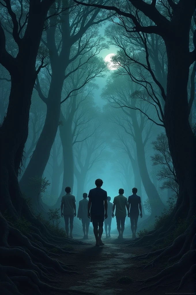 A dense, ancient forest at dusk, with tall, shadowy trees and an eerie atmosphere, as a group of young men, including Siddhant, venture deep into the forest, ignoring the warnings from the villagers.*