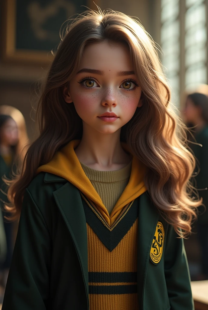 a girl, , longer brown waves, many freckles, subtle make up and brown eyes in hufflepuff uniform at hogwarts
