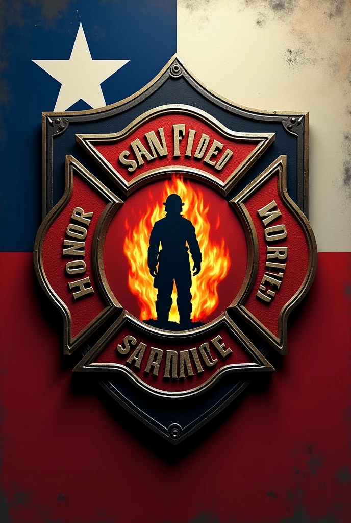 Create a firefighter shield with the Latin initial of the words honor sacrifice loyalty and at the bottom a flame and the silhouette of a firefighter and the flag of Chile add the words San Pablo Emergency Brigade  