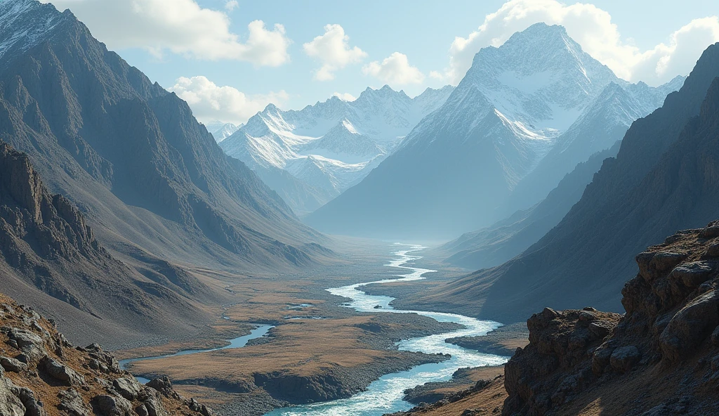 There are many rivers among the mountains,The mountain is bare with no flowers, plants or trees.(best quality,4K,8k,High level,masterpiece:1.2),Ultra Detailed,(lifelike,Photo real,Photo real:1.37)