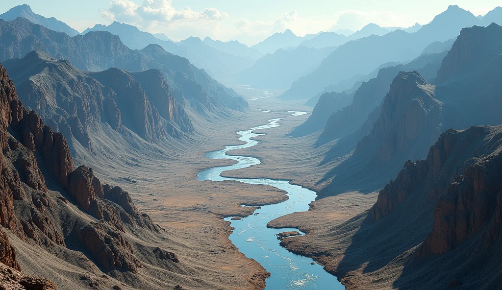 There are many rivers among the mountains,The mountain is bare with no flowers, plants or trees.(best quality,4K,8k,High level,masterpiece:1.2),Ultra Detailed,(lifelike,Photo real,Photo real:1.37)