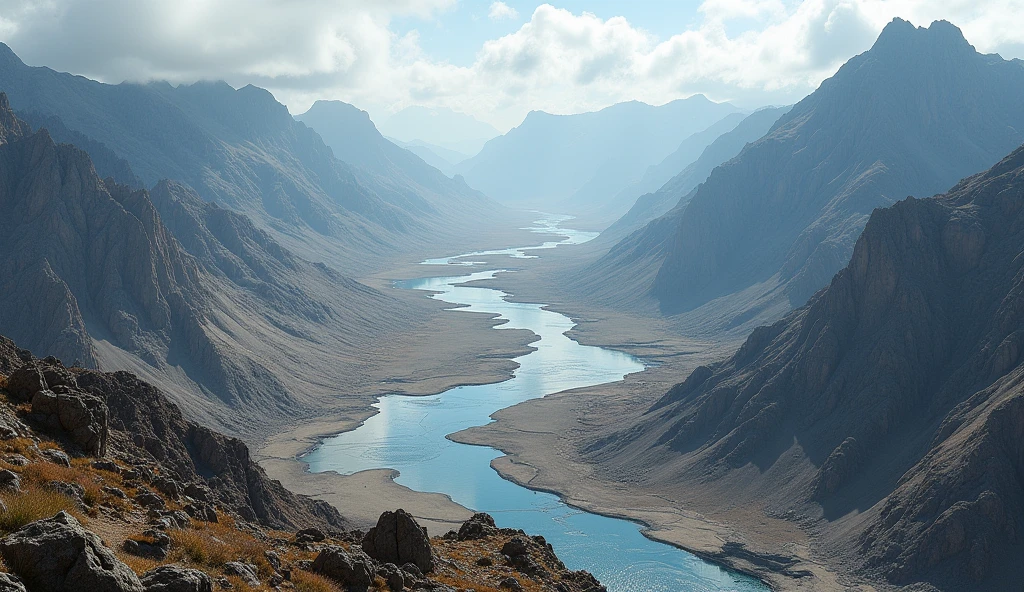 There are many rivers among the mountains,The mountain is bare with no flowers, plants or trees.(best quality,4K,8k,High level,masterpiece:1.2),Ultra Detailed,(lifelike,Photo real,Photo real:1.37)