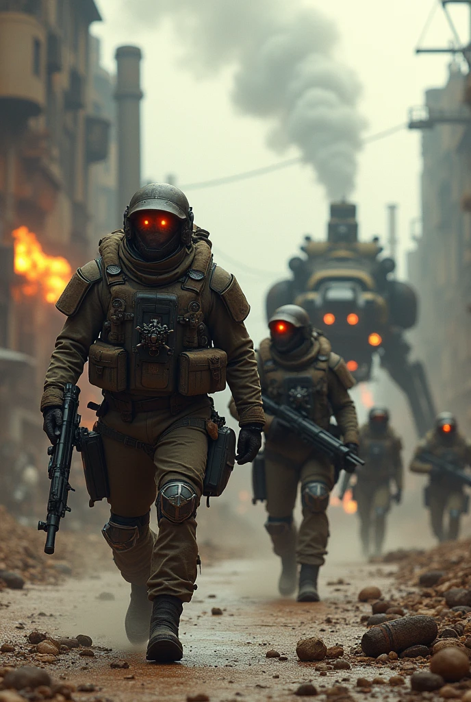 Create a highly realistic and detailed visual depiction of the Empire's army infantry during a military operation, redesigned to fit a dieselpunk theme. The soldiers are shown in action, wearing rugged, industrial-style uniforms with elements of heavy armor, gears, and mechanical enhancements. Their helmets and gear have a retro-futuristic design with metallic accents and glowing visors. The scene is set in a gritty, urban battlefield with towering, smoke-belching factories in the background, and the infantry moving through the streets with large, diesel-powered vehicles and mechanical walkers supporting them. The atmosphere is tense and filled with the sounds of machinery and explosions. The art style should capture the gritty, mechanical nature of dieselpunk, emphasizing the mix of industrial technology and military might.