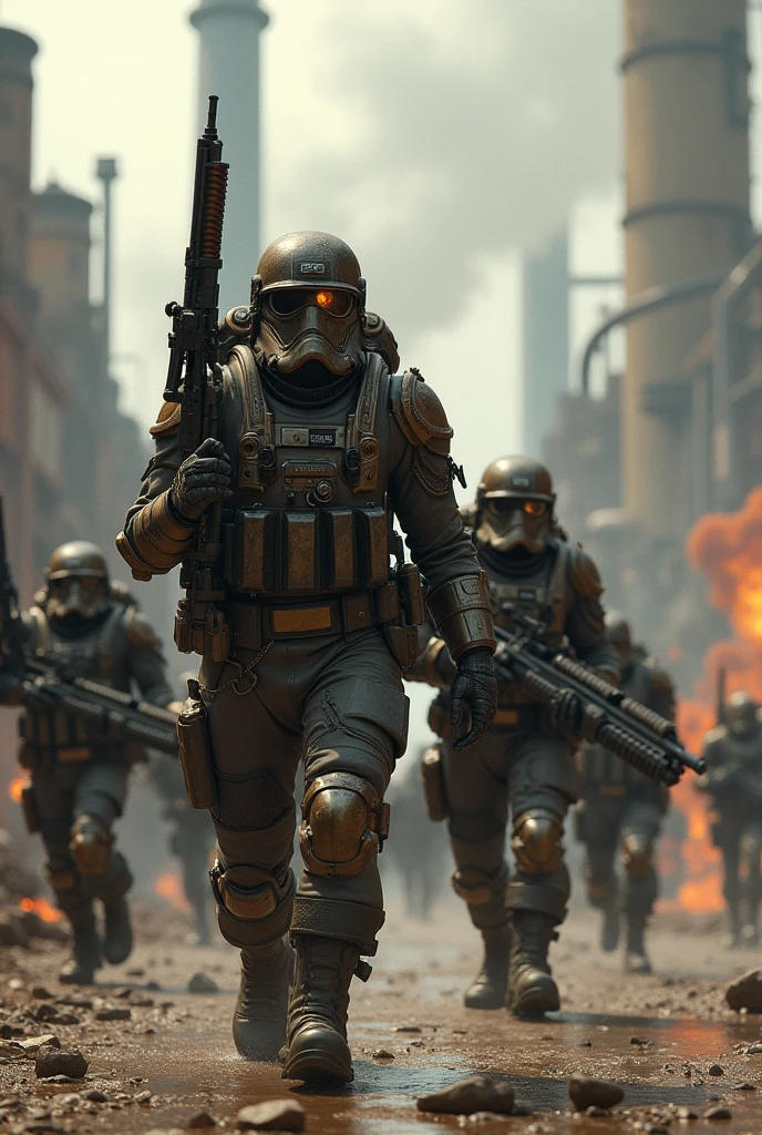 Create a highly realistic and detailed visual depiction of the Empire's army infantry during a military operation, redesigned to fit a dieselpunk theme. The soldiers are shown in action, wearing rugged, industrial-style uniforms with elements of heavy armor, gears, and mechanical enhancements. Their helmets and gear have a retro-futuristic design with metallic accents and glowing visors. The scene is set in a gritty, urban battlefield with towering, smoke-belching factories in the background, and the infantry moving through the streets with large, diesel-powered vehicles and mechanical walkers supporting them. The atmosphere is tense and filled with the sounds of machinery and explosions. The art style should capture the gritty, mechanical nature of dieselpunk, emphasizing the mix of industrial technology and military might.