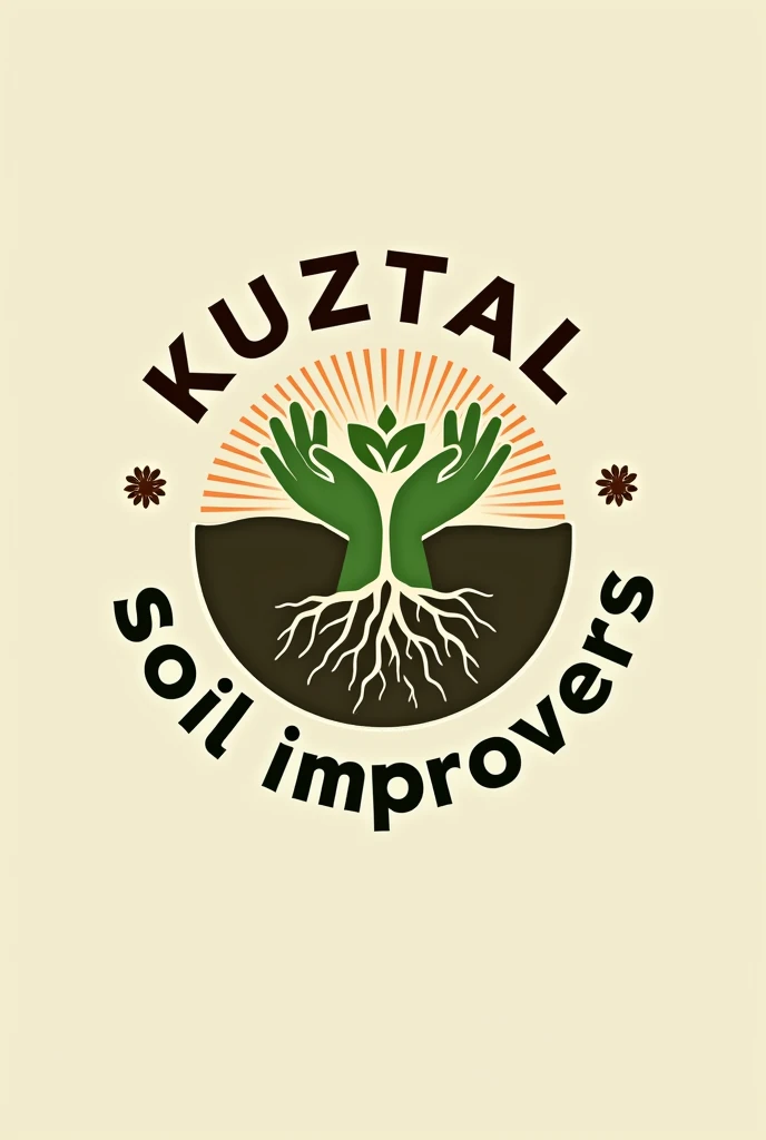 logotipo para un proyecto de soil improvers a partir de compostaje incluye, unas manos in the form of roots plantas, land, above includes the name of "KUZTAL" a circle that surrounds everything, in the bottom, in the form of a circle includes the text of "soil improvers" in the form of roots