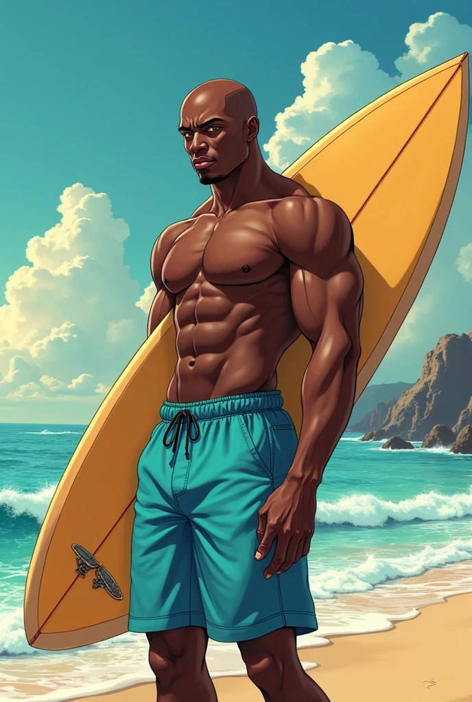 black beach man holding a surfboard, fully body, Golden eye color. anime styling. very dark skin color. wide nose, big lips, shaven hair, blue shorts