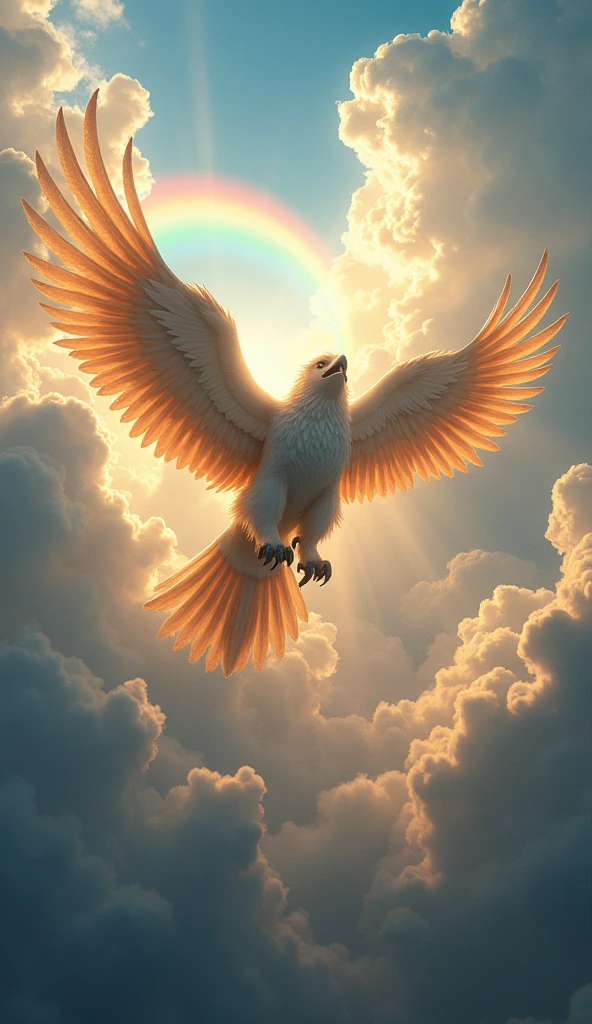 an epic griffin flying in the sky, its a cloudy day, there god rays, sun rays, rainbow among the clouds, 