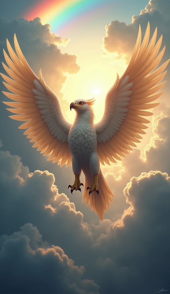 an epic griffin flying in the sky, its a cloudy day, there god rays, sun rays, rainbow among the clouds, 