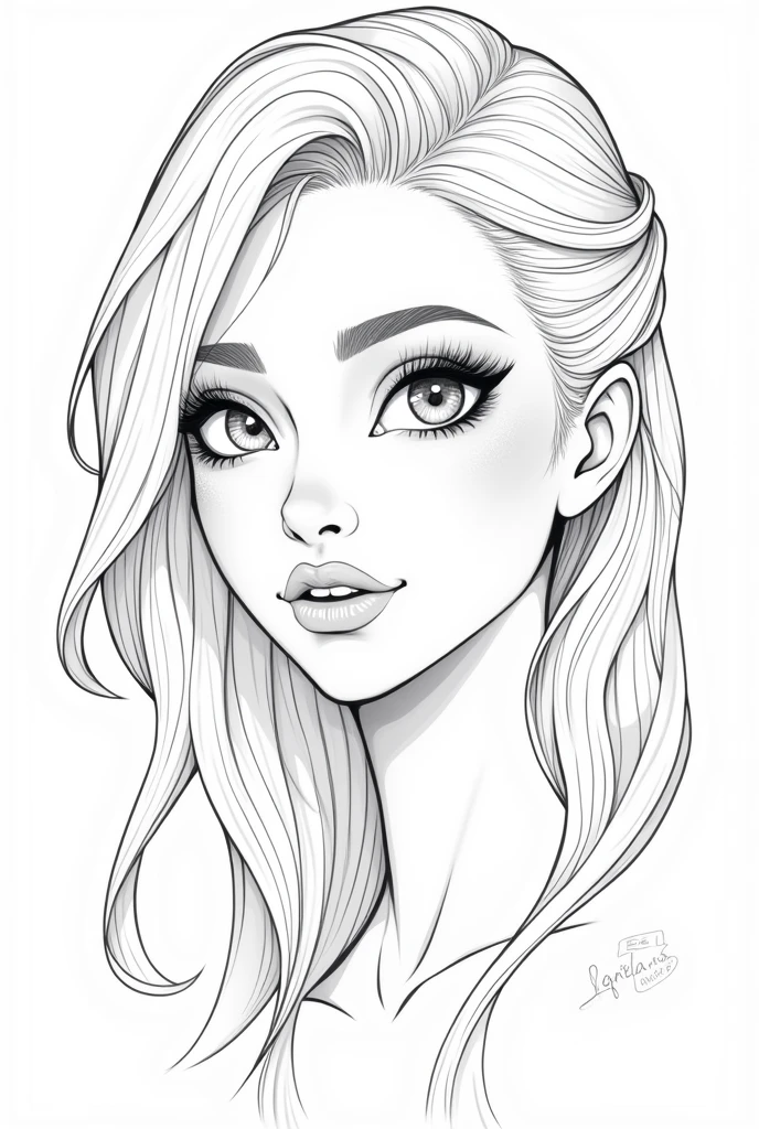 Black and white lineart of the face of a beautiful female mage from world of warcraft