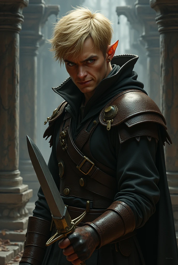 A rogue with short blond hair , with greedy eyes a dagger in his right hand, in leather armor, looks down with a sly grin, Elf