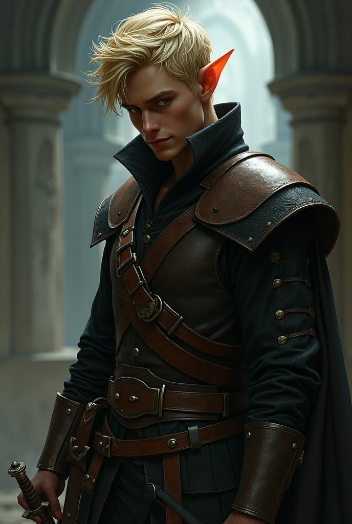 A rogue with short blond hair , with greedy eyes a dagger in his right hand, in leather armor, looks down with a sly grin, Elf