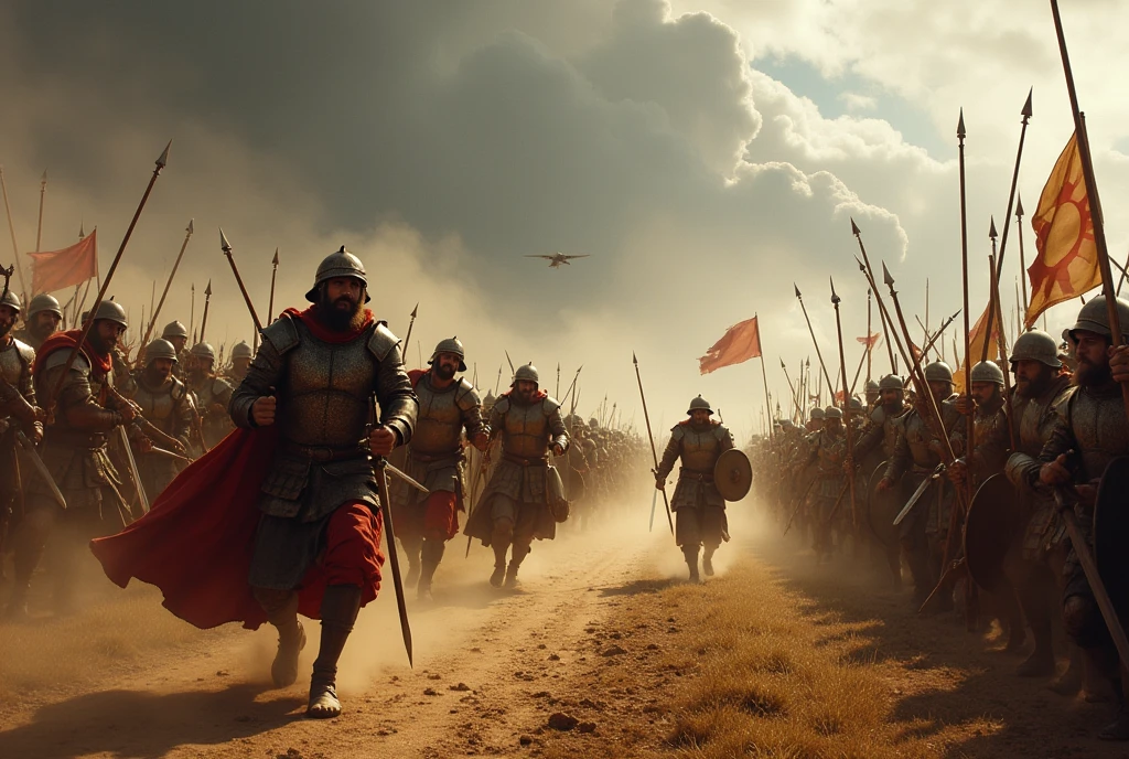 "The scene of a fierce battle between the Israelites and the Philistines on a vast open plain, where the sky is heavy with dark clouds. The Israelite warriors, wearing bronze armor and wielding swords, spears and shields, advance with determination and courage, led by their commanders. Their faces show concentration and strength, as they shout in unison, rushing into confrontation. On the other side, the Philistines, also armed and in rustic armor, fight fiercely, wielding their swords and spears in defense of their positions. Dust rises from the ground as the armies move, and the sounds of clashing metal and war cries echo across the battlefield. In the background, flags flutter in the wind, and amid the chaos, the intensity of the combat captures the atmosphere. desperate struggle for victory and survival."