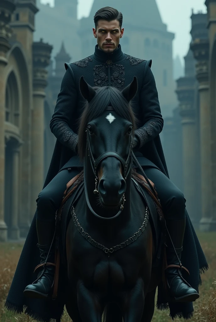 man, black Horse, refined jaw, with heterochromia in his eyes