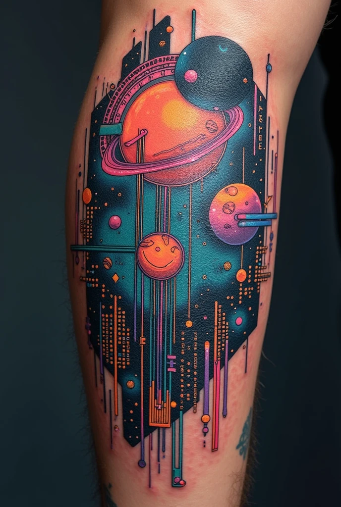 I want a tattoo design that has some systems engineering like binary codes or similar to programming that complements the space (cosmos) and that it is in a type of drag and semi-realistic pointillism with geometry and that it is not so big