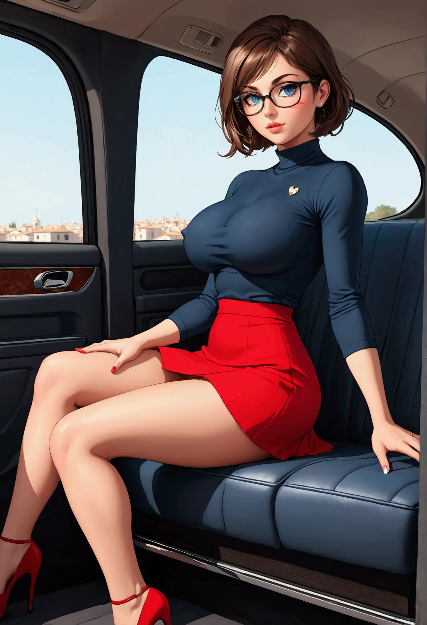 20 years old woman, Short brown hair, Mediterranean with blue eyes, Generous and heavy , slender waist, definition of l'estomac, fesses ies et pulpeuses, naturally curved, muscular thighs, aguicheuse , blue eye, lunettes, assise dans ulimousine, red mini Skirt, red dress, at night, talons