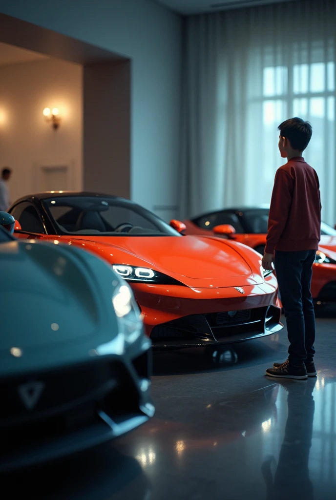 Create a Lamborghini, a Tesla and an Ettore Bughatti car side by side, with a malay boy with a school short hair appearing at the background in soft edges effect.