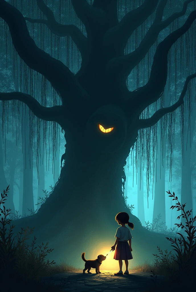  "A brave young girl with a flashlight and a small dog standing in front of a large, mysterious willow tree in a dark forest. The girl looks curious but determined, and the dog is excitedly sniffing around. The tree's branches seem to whisper with a soft, glowing light."