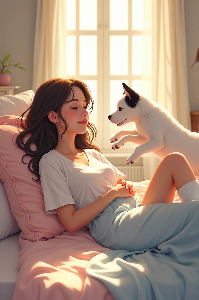 A lady lying on a bed with her right foot in a cast and a white dog with a black ear jumping on top of the bed 