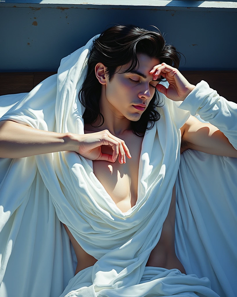 chiaroscuro technique on sensual illustration of an arafed man resting in white blanket, sexy masculine, model with attractive body, inspired by Ludovit Fulla, mid-shot of a hunky, the model draped in flowing, thick oil painting by Harumi Hironaka, extremely soft colors, vibrant, highly detailed, malcolm liepke painting, oil on canvas, high contrast, dramatic, refined, tonal, Create high contrast between light and shadow by Leon Polk Smith, memphis abstract minimal art, graphic shapes, minimal art, blue and red, minimal art style, bauhaus art, inspired by El Lissitzky, bold simple shapes, shadow