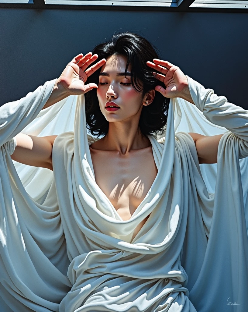 chiaroscuro technique on sensual illustration of an arafed man resting in white blanket, sexy masculine, model with attractive body, inspired by Ludovit Fulla, mid-shot of a hunky, the model draped in flowing, thick oil painting by Harumi Hironaka, extremely soft colors, vibrant, highly detailed, malcolm liepke painting, oil on canvas, high contrast, dramatic, refined, tonal, Create high contrast between light and shadow by Leon Polk Smith, memphis abstract minimal art, graphic shapes, minimal art, blue and red, minimal art style, bauhaus art, inspired by El Lissitzky, bold simple shapes, shadow