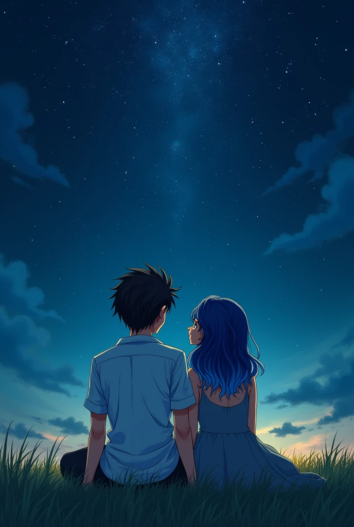 A book cover, a couple in love sitting on a lawn, the boy with black hair and blue eyes and the girl with dyed hair with blue tips, both looking at the stars,
The boy dressed in a white shirt and the girl in a grey dress