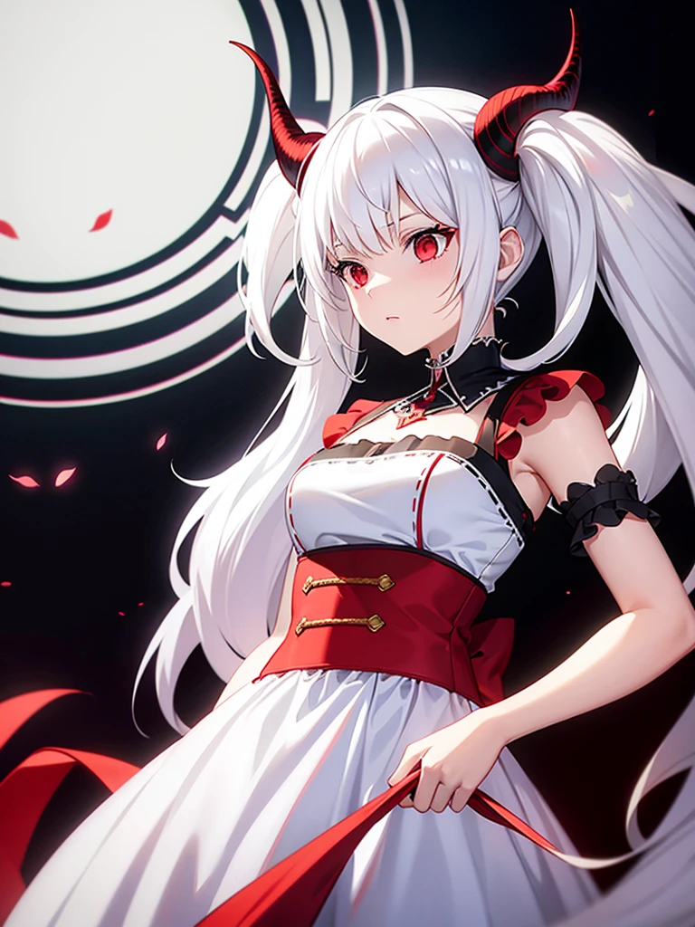 White hair, twin tails, fair skin, solo, Red eyes, , Horns, Gothic dress, Wizard