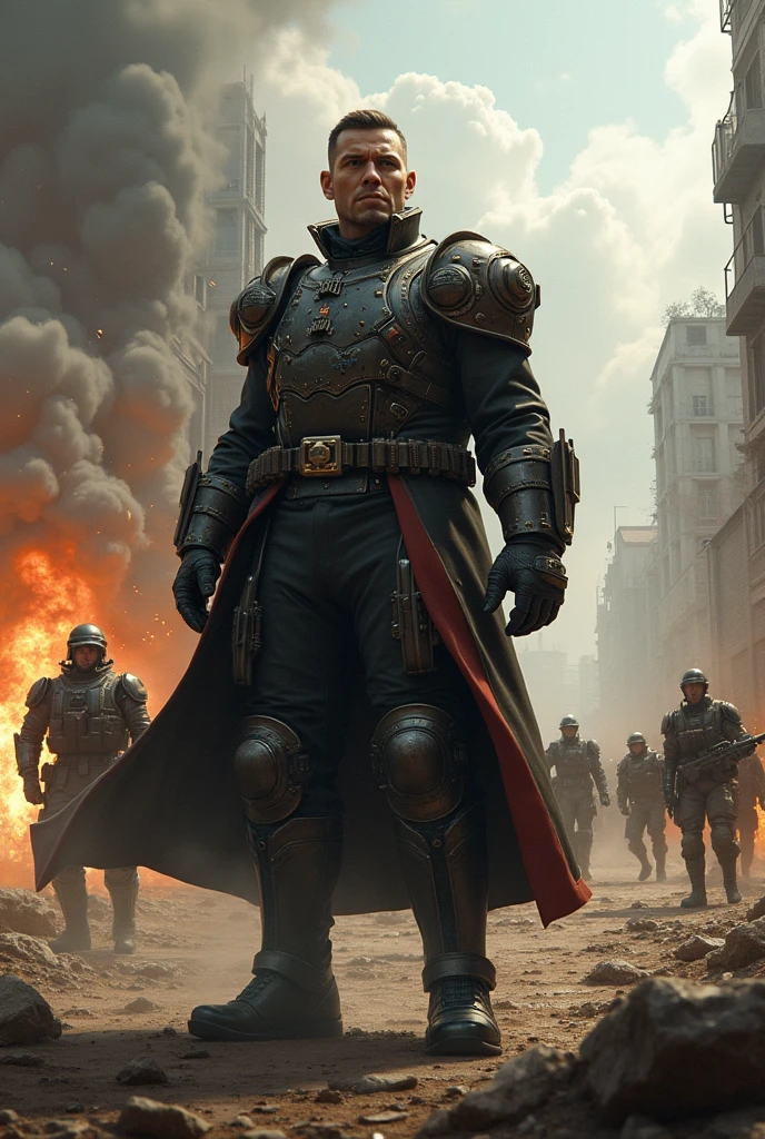 Create a highly realistic and detailed visual depiction of an Empire officer commanding his troops during an intense military operation. The officer is shown in the foreground, standing resolutely amidst the chaos, wearing a commanding uniform with elements of heavy armor and technological enhancements, fitting a dieselpunk theme. His expression is focused and determined as he directs his troops through the battlefield. The background features infantry and mechanized units engaging in combat, with explosions and debris filling the air. The scene is set in a war-torn urban environment, with damaged buildings and smoke adding to the atmosphere. The art style should emphasize the intensity, leadership, and industrial power of the dieselpunk-inspired Empire.