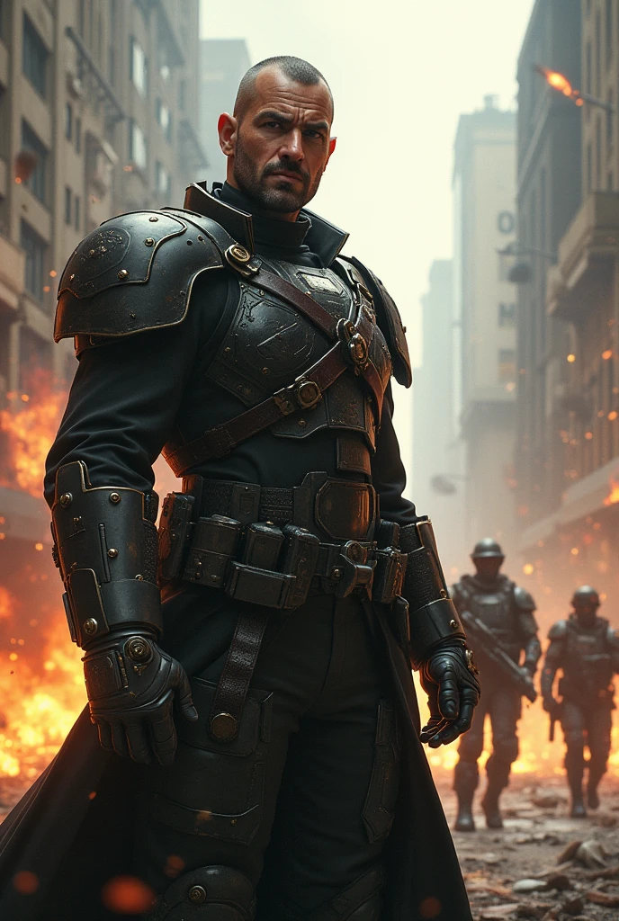 Create a highly realistic and detailed visual depiction of an Empire officer commanding his troops during an intense military operation. The officer is shown in the foreground, standing resolutely amidst the chaos, wearing a commanding uniform with elements of heavy armor and technological enhancements, fitting a dieselpunk theme. His expression is focused and determined as he directs his troops through the battlefield. The background features infantry and mechanized units engaging in combat, with explosions and debris filling the air. The scene is set in a war-torn urban environment, with damaged buildings and smoke adding to the atmosphere. The art style should emphasize the intensity, leadership, and industrial power of the dieselpunk-inspired Empire.