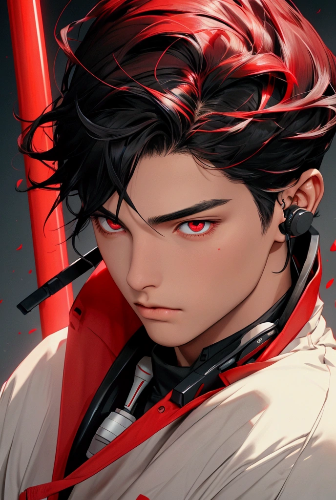 Black haired boy with red highlights and reddish eyes. Breasts, headphones, streaked hair, Red eyes,