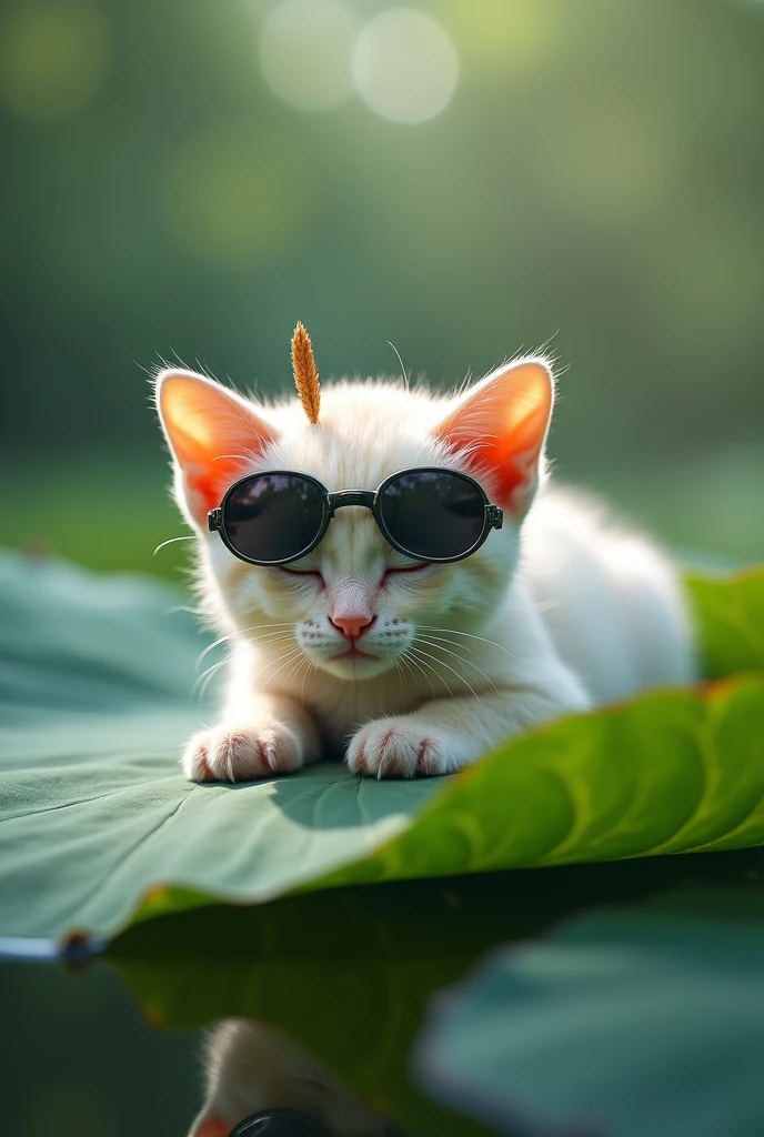 (anatomically perfect) sweeter, detailed baby cat on a lotus leaf(Bright and clear), High-tech hat with sunglasses on the side, (Waldthema), (​masterpiece, best quality, 8k, keen focus, Writing depth, The best shadow, perfect light, High Dynamic Range, realistic skin texture, super detailed background), wide-angle lens