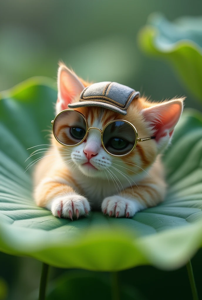 (anatomically perfect) sweeter, detailed baby cat on a lotus leaf(Bright and clear), High-tech hat with sunglasses on the side, (Waldthema), (masterpiece, best quality, 8k, keen focus, Writing depth, The best shadow, perfect light, High Dynamic Range, realistic skin texture, super detailed background), wide-angle lens