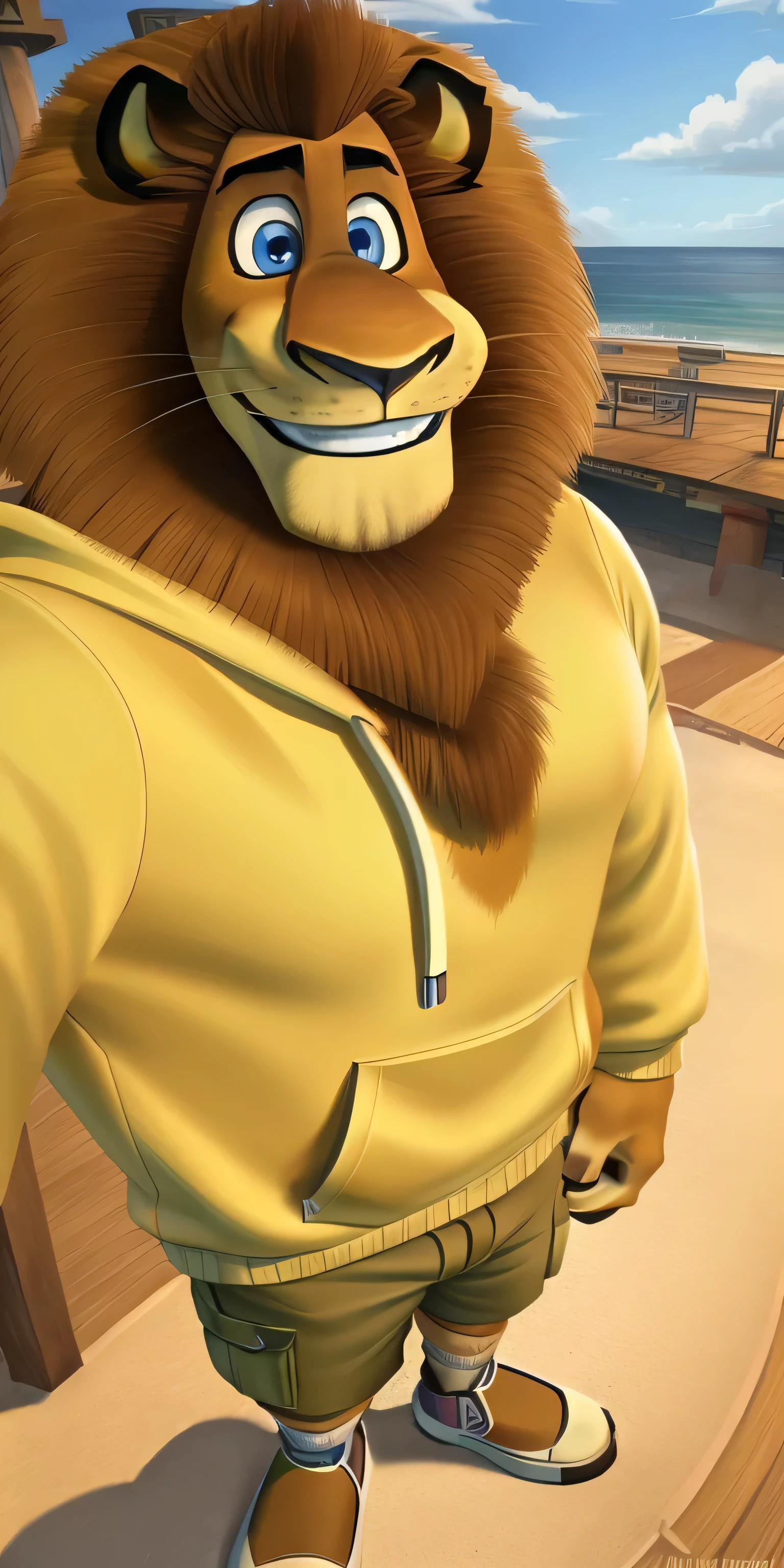 Alex the Lion, muscular body, big biceps, extremely beautiful and cute face, perfectly detailed blue eyes with perfectly detailed pupils, wears light green sweatshirt, beige cargo shorts, blue sneakers, short socks, pier background, selfie, friendly look, cute smile