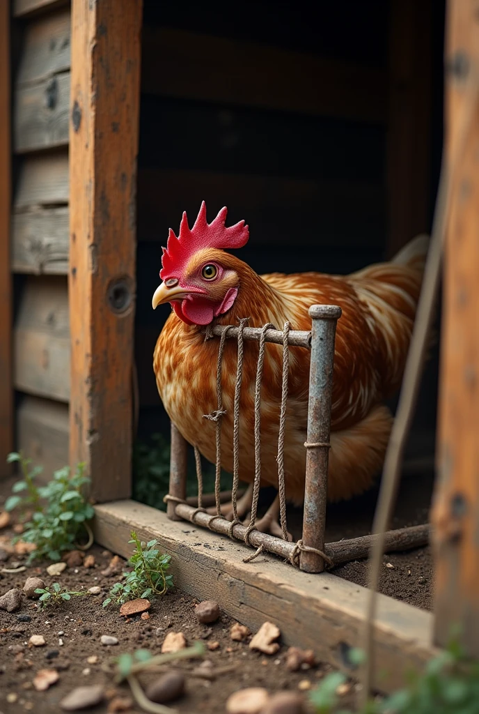 Visual Prompt: A close-up of a simple but clever trap set in the chicken coop, like a makeshift cage door with a trigger that will close if tampered with. There is a hint of a thin rope or mechanism attached to the door, indicating the trap.