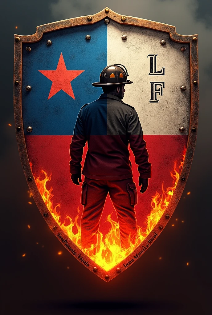 Create a firefighter shield with the Latin initial of the words honor sacrifice loyalty and at the bottom a flame and the silhouette of a firefighter and the flag of Chile. Add the words in Spanish San Pablo Emergency Brigade