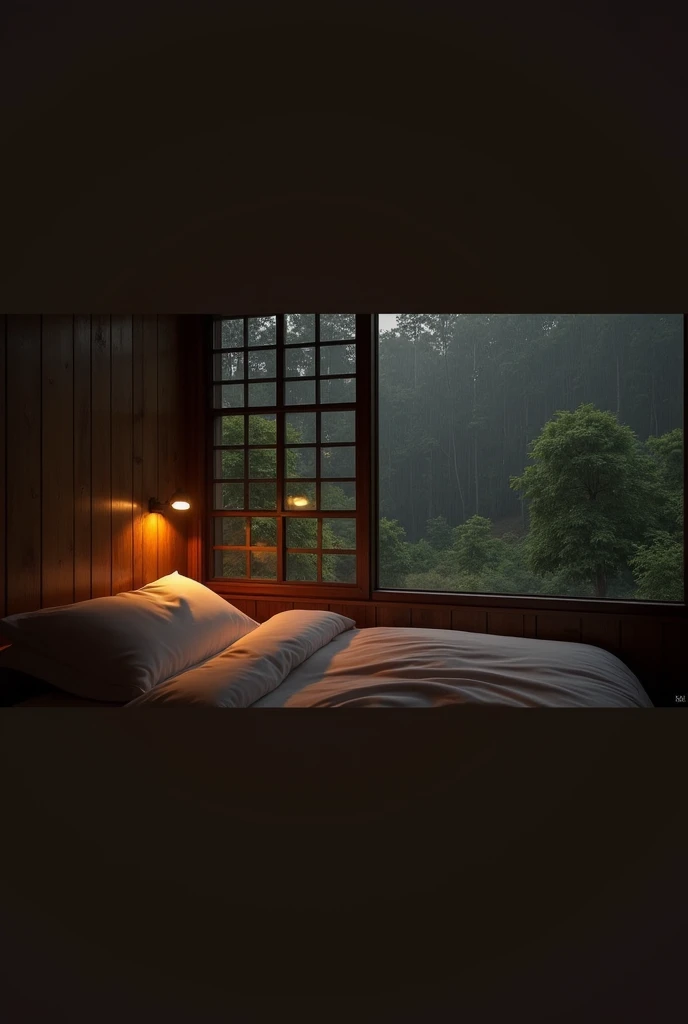 The Bed Is Located In The Bedroom Next To The Window, Inspired By Itō Jakuchū, sōsaku made, At Night When It Rains, Peaceful Wooden House, Peaceful Dense Forest, Calm 4k Image