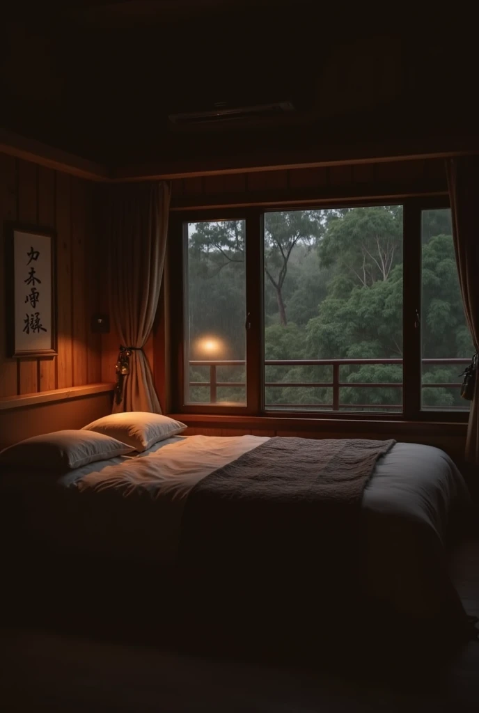The Bed Is Located In The Bedroom Next To The Window, Inspired By Itō Jakuchū, sōsaku made, At Night When It Rains, Peaceful Wooden House, Peaceful Dense Forest, Calm 4k Image