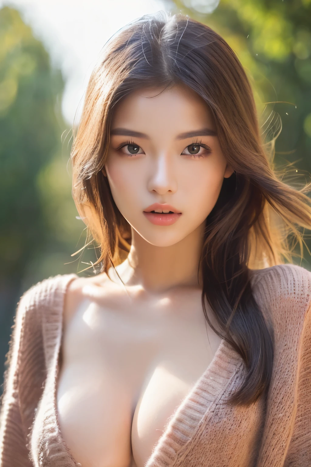 1 girl、、hyperdetailed face、Detailed lips、A detailed eye、double eyelid, (Medium long hair、Huge breasts:1.5)、summer sweater:1.1, ((top-quality、8k、Photorealsitic, masterpiece:1.3)), latex jeans
