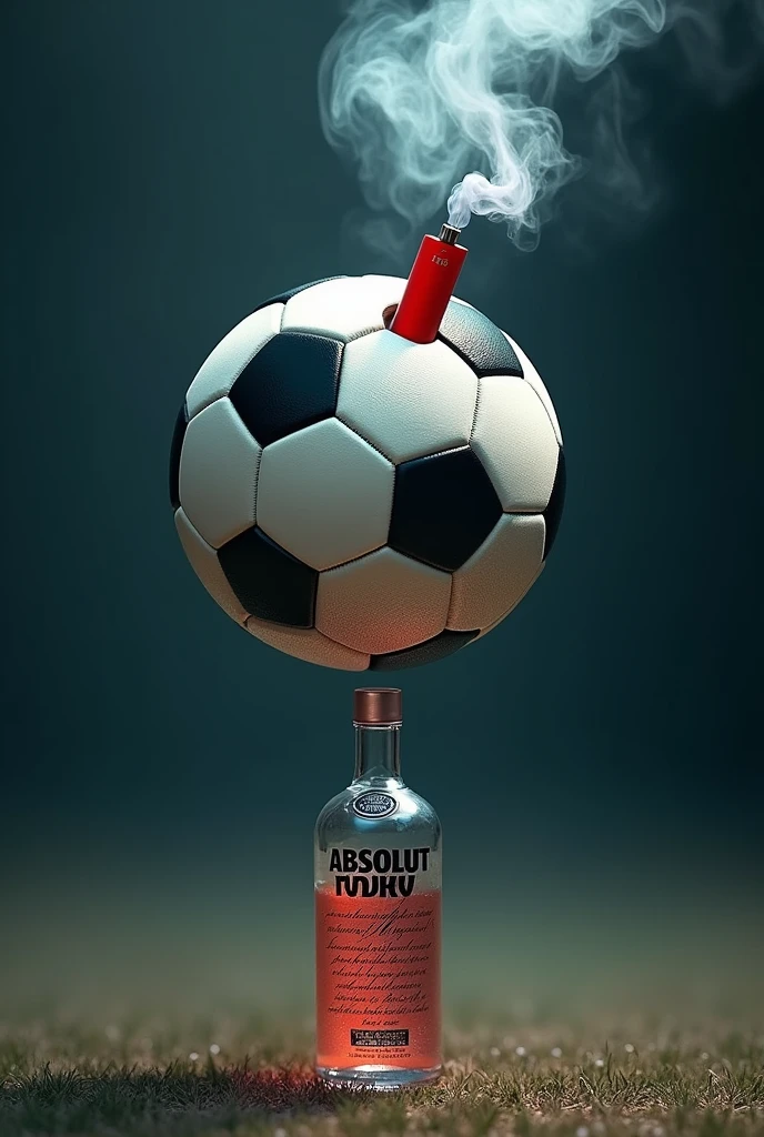 A soccer ball with an image of a red electronic cigarette releasing smoke and underneath an image of a bottle of Absolut Vodka.