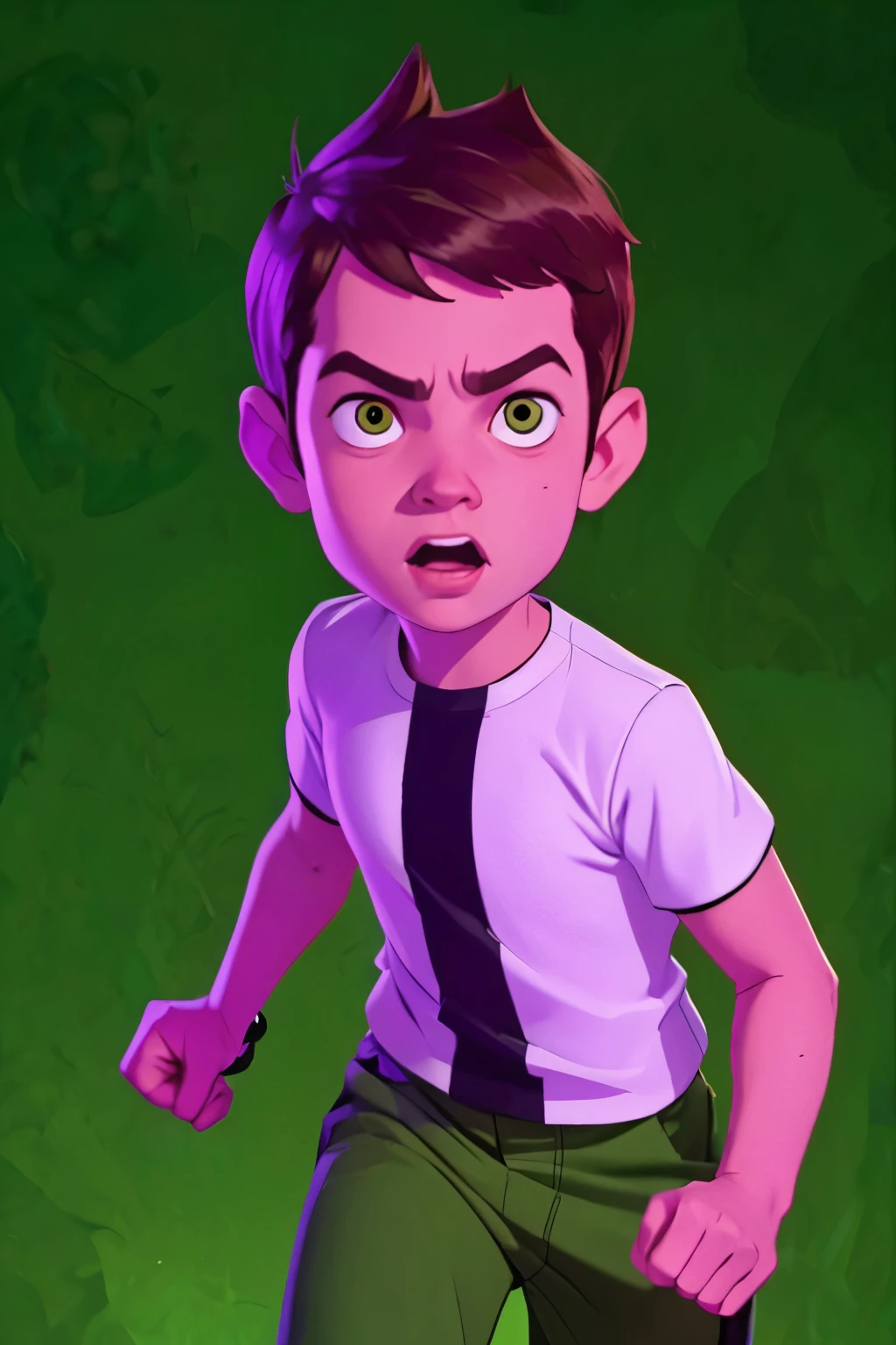 Movie poster, Ben 10 (((A child, *** ))), brown eyes, (((wearing a white outfit with black stripe in the center, green pants))) , showing fist. (Omnitrix on arm)) . (Action facial expression ) . highy detailed, face detailed, realisitic, cinematic lighting, studio quality, proffesional, face detailed, intrikate, bright coloured. ((abstract lighting background)).