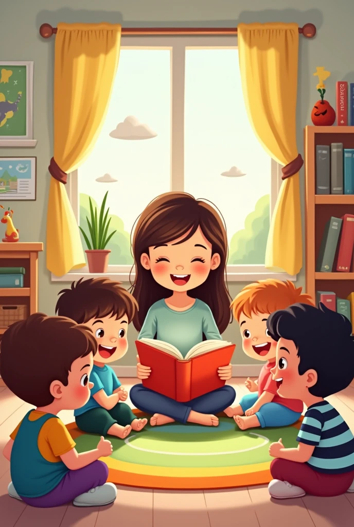 Image of preschool ren reading a story that has a text at the top that says Story reading cartoon image