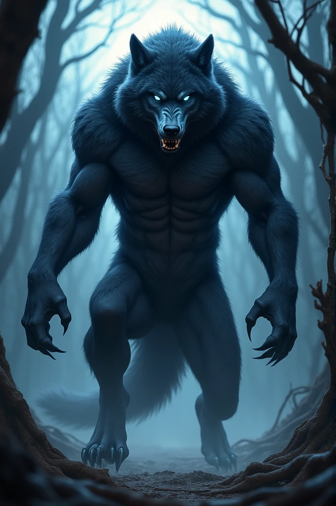 Create a werewolf with black fur and blue eyes