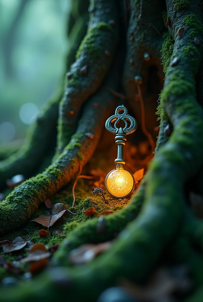 "A close-up of a small, glowing key nestled among the roots of an old willow tree. The scene is bathed in a soft, magical light, with hints of the tree's ancient bark and creeping vines in the background."