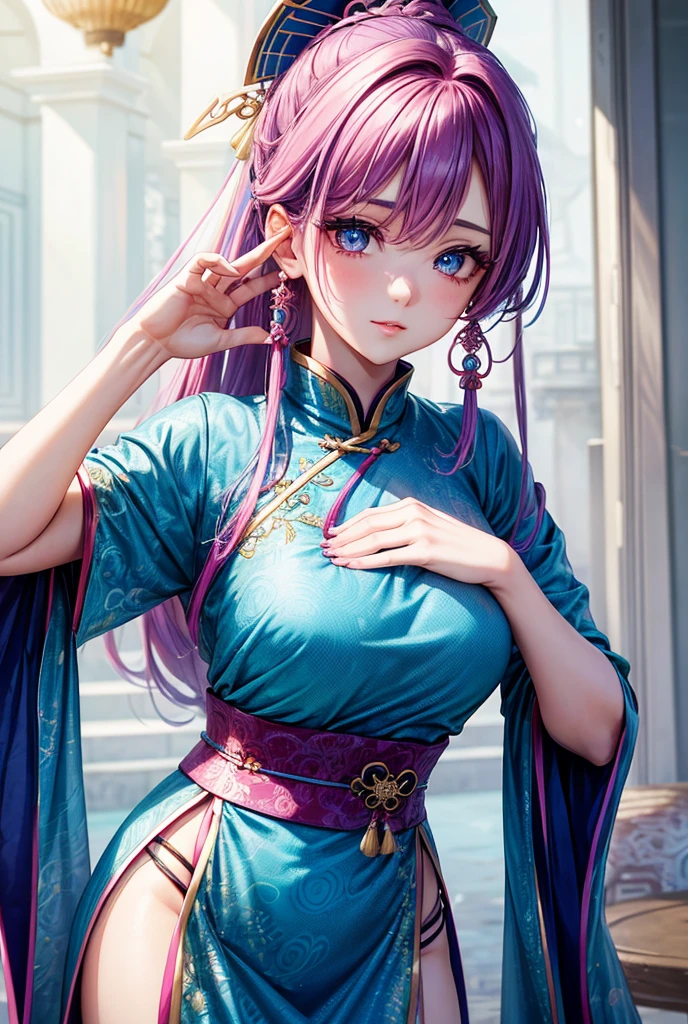 She is a beautiful woman beyond description.,Her hair is blue and pink.,Her eyes sparkled.,Her eye color is blue and pink.,She wore a traditional Chinese dress that wasn&#39;t too flashy.,Around her were flowers and stars.,She has a flower-shaped hair accessory.,She is a goddess