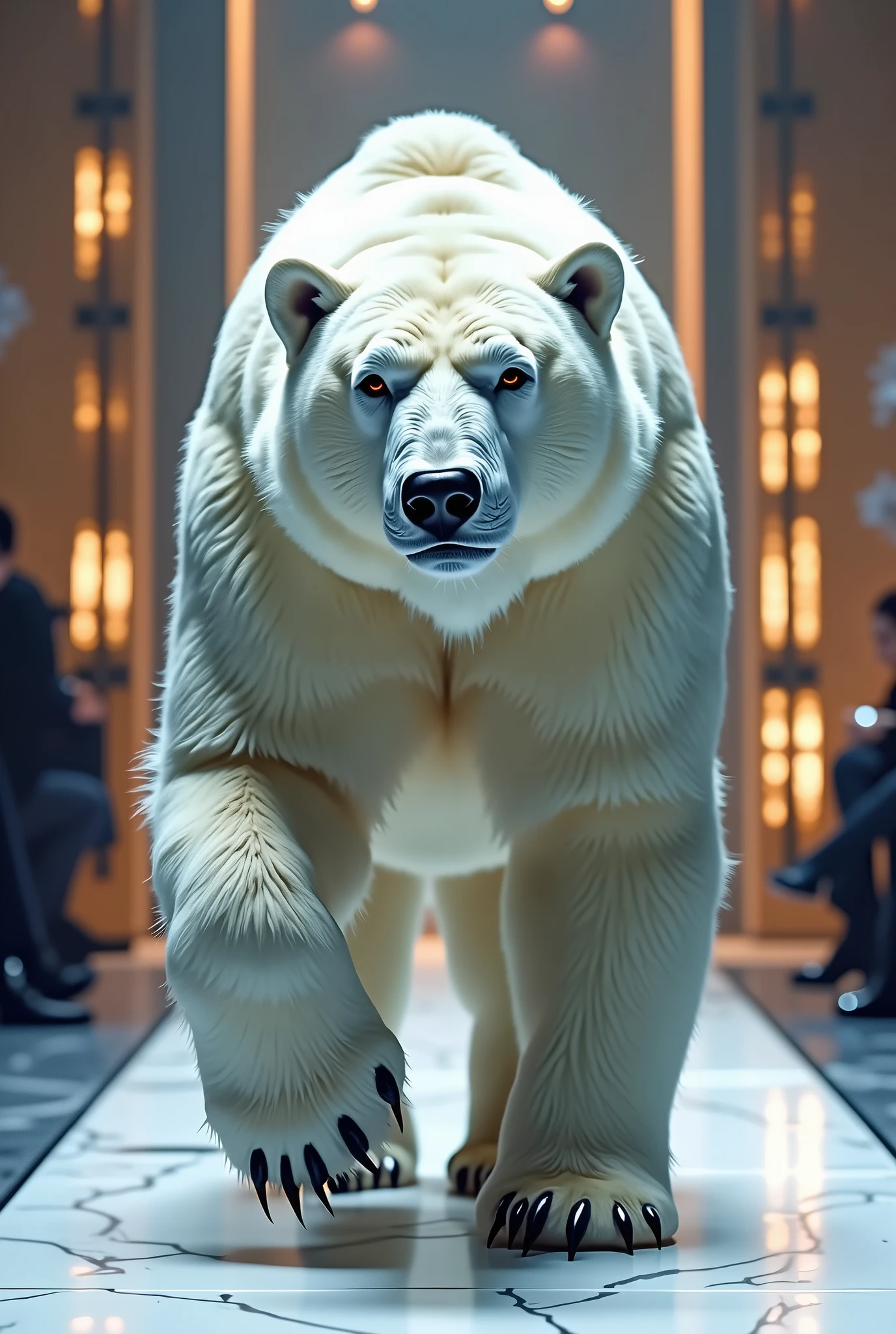 Excessive detail Polar bear walking on its feet in the fashion show hall as real as in real life 