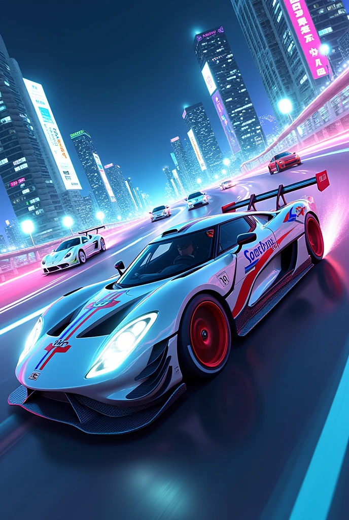 Make a car racing image anime drawing a gojo