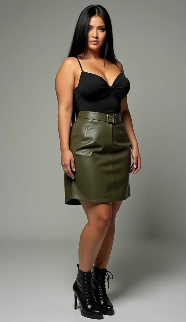 Beautiful Caucasian muscle mom, straight jet-black hair, huge breasts, olive green leather a-line business skirt, stiletto-heeled combat boots, thicc body, thick thighs, tiny waist, curvy figure, voluptuous body, muscular physique,