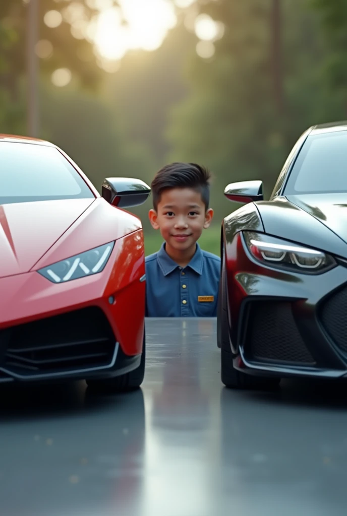 Create a Lamborghini, a Tesla and an Ettore Bughatti car side by side, with a malay boy with a school short hair appearing breaking the four walls, smiling at the background in soft edges effect.