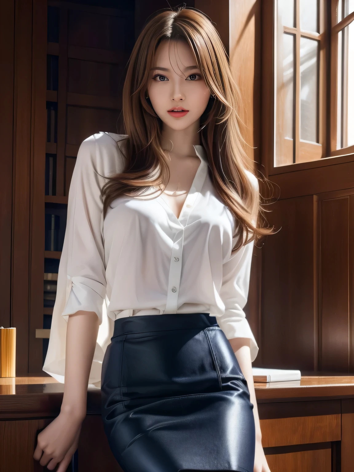 Very detailed, A complete solution, Very detailedな美しい1人の女の子, Very detailed face, (Very beautiful eyes:1.8), The nose shape is correct., expressive lips, (Movie Scenes,Fantasy art,最high quality,high quality,High resolution,High quality texture,Attention to detail,Beautiful details,detailed,Very detailedなCG,Detailed texture,Realistic facial expressions,Tabletop,in front,dynamic,bold),1 girl,Very detailedな肌,curve,(Covered nipples:0.8),Beautiful breasts, F cup breasts ,White skin,Pointed Chest,????? nipples,(Very thin hair),(Very soft hair),(Super straight bob hair),length, flowing bangs,Very light coppery amber hair,Hair above one eye,very thin body,Smart Abs,(navy knee-length pencil skirt:1.5), Open the chest, Big breasts, Shiny ,((???????)),((beautiful nipples)), nsfw、Triangular face、Detailed beautiful face, from below,(White blouse :1.3)